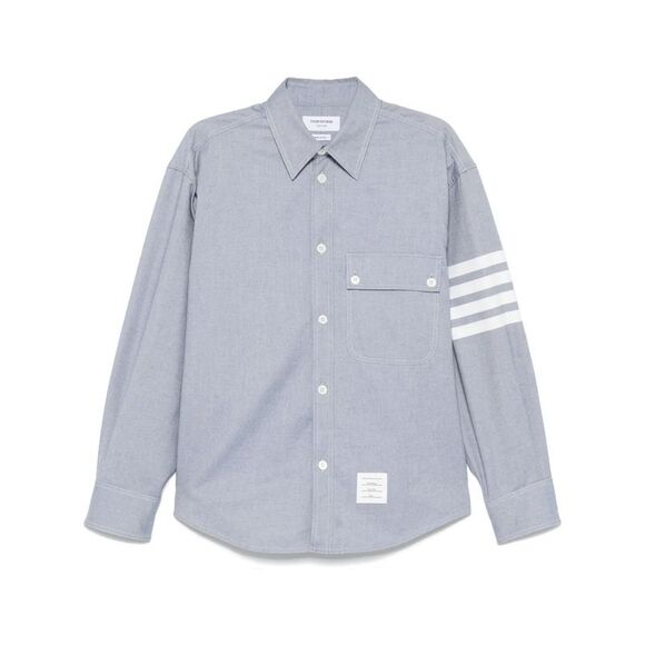 Thom Browne Men Flannel Shirt With Four-Stripe Detail - Picture 1 of 5